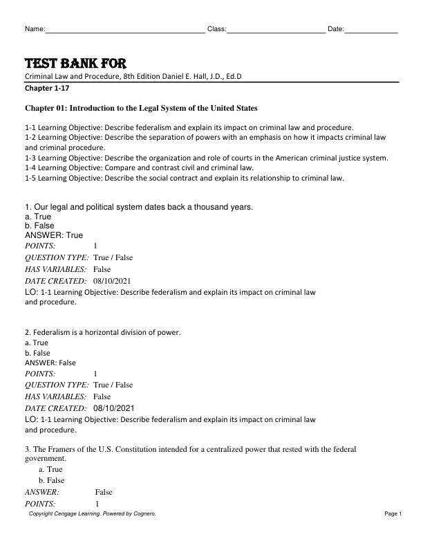 Test Bank For Criminal Law and Procedure, 8th Edition by Daniel E. Hall, J.D., Ed.D Chapter 1-17