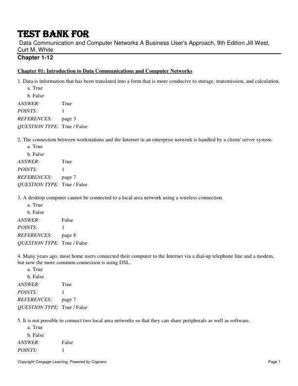 Test Bank For Data Communication and Computer Networks A Business User's Approach, 9th Edition by Jill West, Curt M. White Chapter 1-12