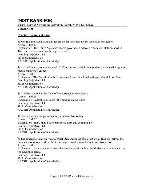 Test Bank For Business Law A Storytelling Approach, 1st Edition by Michael Fricke Chapter 1-39