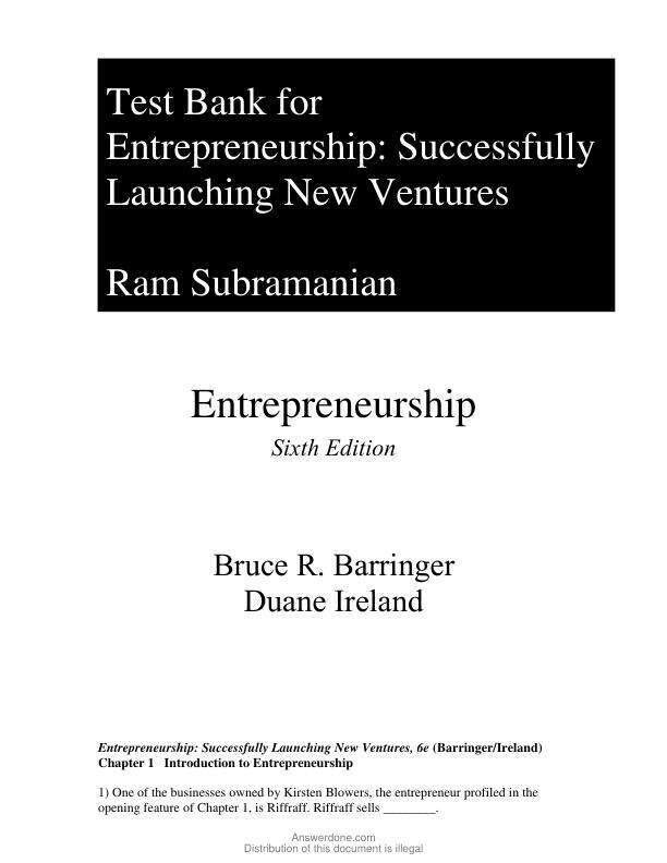 Test Bank For Entrepreneurship Successfully Launching New Ventures, 6th Edition by Bruce R. Barringer, R Duane Ireland Chapter 1-15