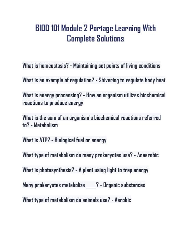 BIOD 101 Module 2 Portage Learning With Complete Solutions