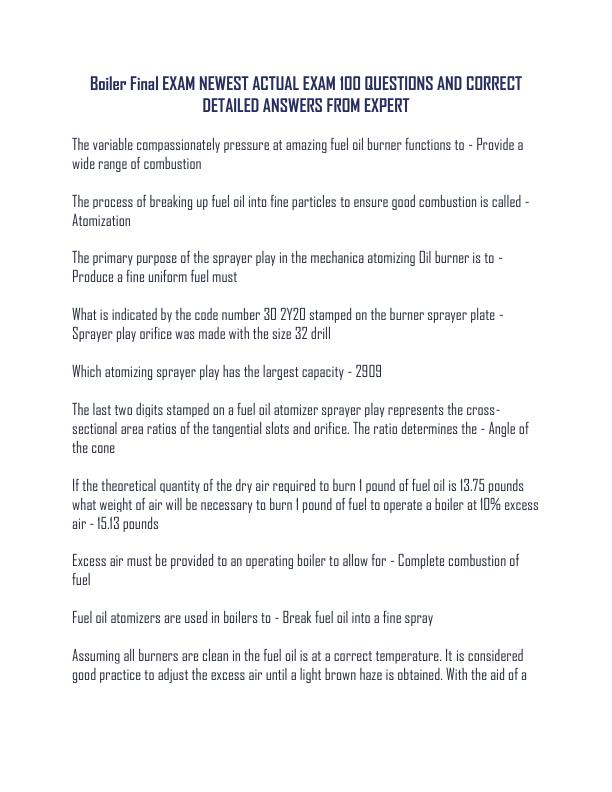Boiler Final EXAM NEWEST ACTUAL EXAM 100 QUESTIONS AND CORRECT DETAILED ANSWERS FROM EXPERT