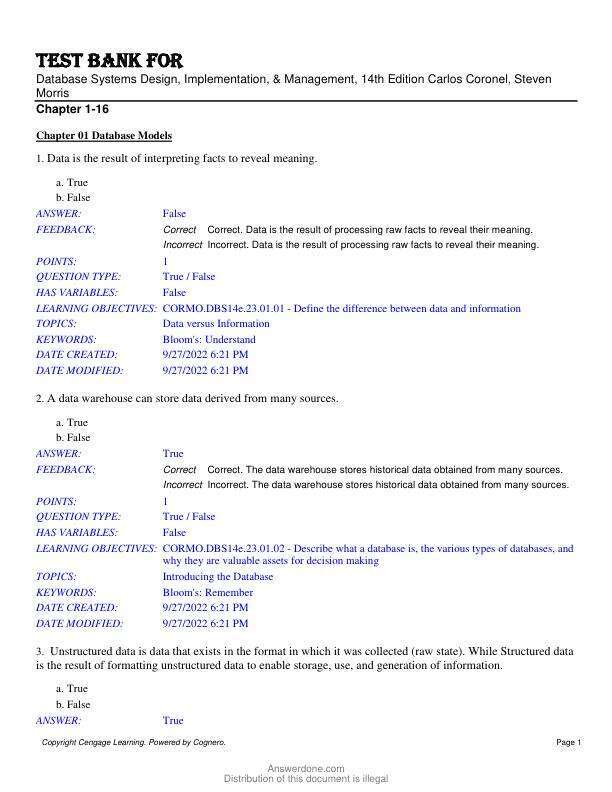 Test Bank For Database Systems Design, Implementation, & Management, 14th Edition by Carlos Coronel, Steven Morris Chapter 1-16