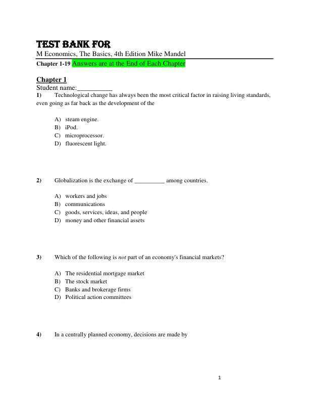 Test Bank For M Economics, The Basics, 4th Edition by Mike Mandel Chapter 1-19