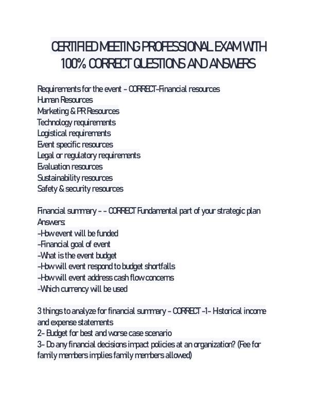 CERTIFIED MEETING PROFESSIONAL EXAM WITH 100% CORRECT QUESTIONS AND ANSWERS