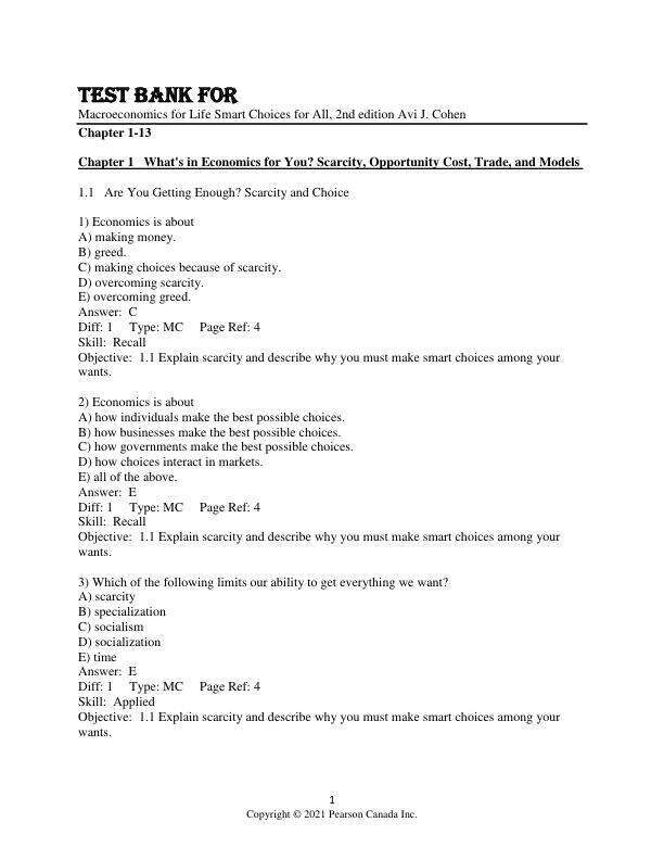 Test Bank For Macroeconomics for Life Smart Choices for All, 2nd Edition by Avi J. Cohen Chapter 1-13