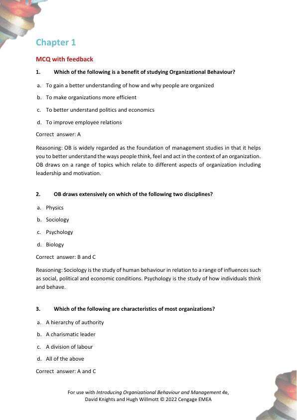 Test Bank For Introducing Organizational Behaviour and Management 4th Edition by David Knights, Hugh Willmott Chapter 1-13