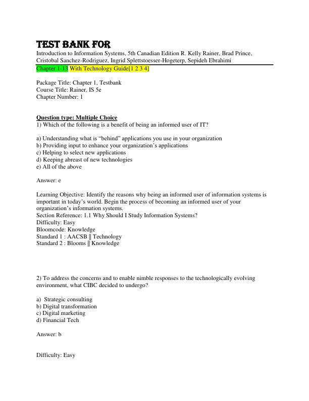 Test Bank For Introduction to Information Systems, 5th Canadian Edition by R. Kelly Rainer, Brad Prince, Cristobal Sanchez-Rodriguez, Ingrid Splettstoesser-Hogeterp, Sepideh Ebrahimi Chapter 1-13 and Technology Guide(1 2 3 4)