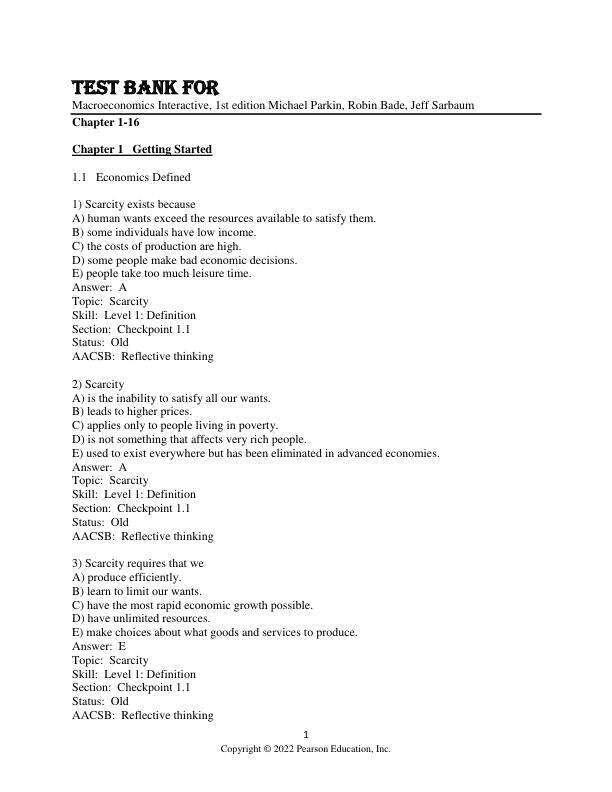 Test Bank For Macroeconomics Interactive, 1st Edition by Michael Parkin, Robin Bade, Jeff Sarbaum Chapter 1-16
