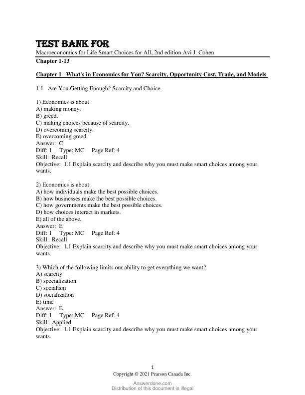 Test Bank For Macroeconomics for Life Smart Choices for All, 2nd Edition by Avi J. Cohen Chapter 1-13
