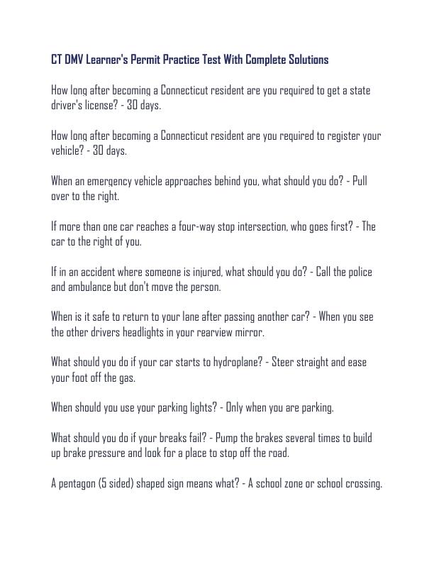 CT DMV Learner's Permit Practice Test With Complete Solutions