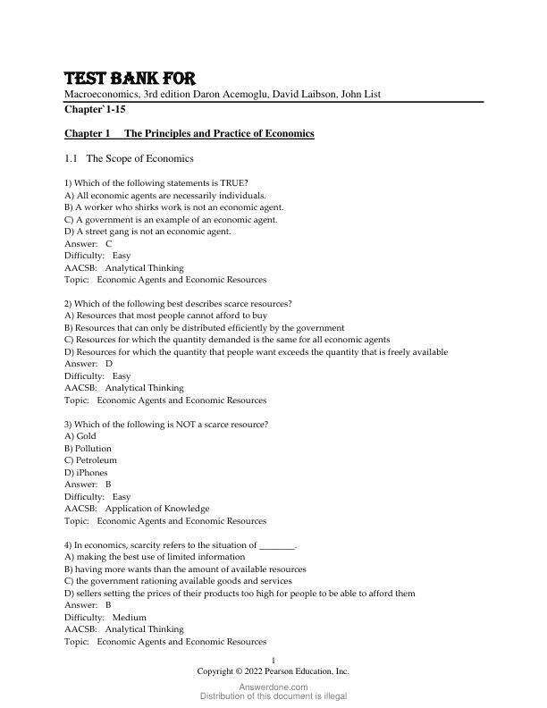 Test Bank For Macroeconomics, 3rd Edition by Daron Acemoglu, David Laibson, John List Chapter 1-15