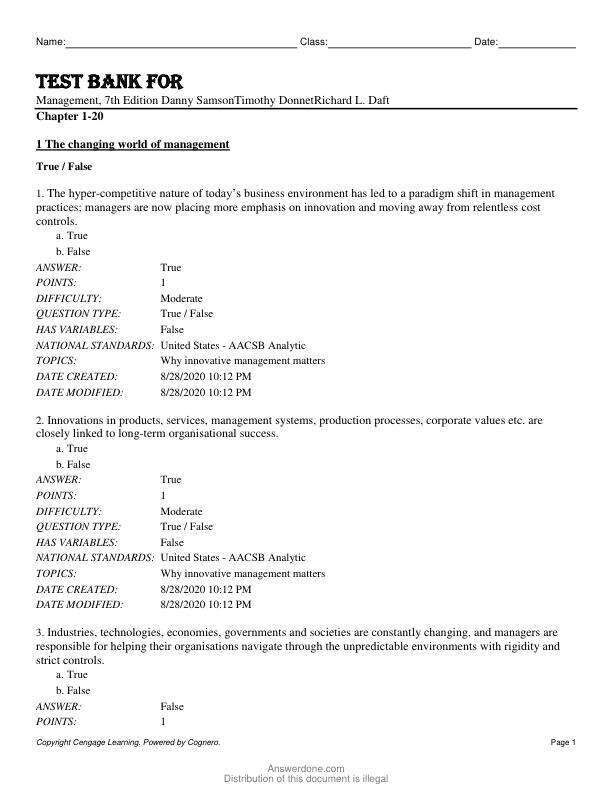 Test Bank For Management, 7th Edition by Danny SamsonTimothy DonnetRichard L. Daft Chapter 1-20