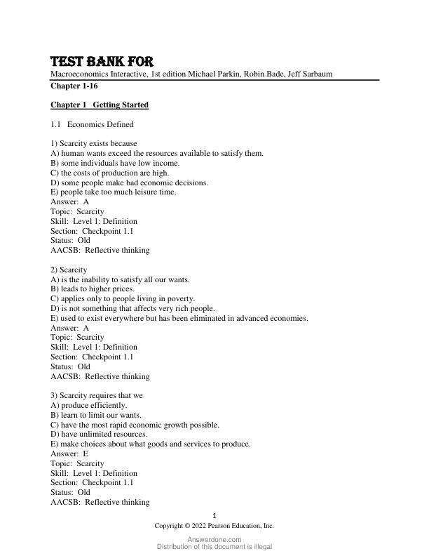 Test Bank For Macroeconomics Interactive, 1st Edition by Michael Parkin, Robin Bade, Jeff Sarbaum Chapter 1-16