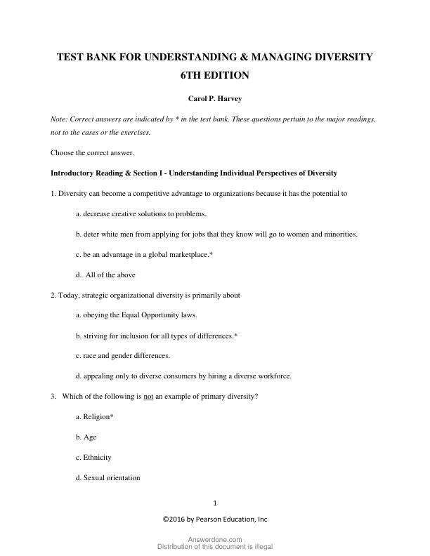 Test Bank for Understanding and Managing Diversity Readings, Cases, and Exercises, 6th edition Carol Harvey, M June Allard