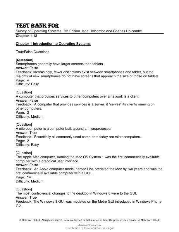 Test Bank For Survey of Operating Systems, 7th Edition by Jane Holcombe and Charles Holcombe Chapter 1-12