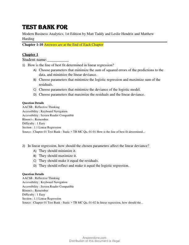 Test Bank For Modern Business Analytics, 1st Edition by Matt Taddy and Leslie Hendrix and Matthew Harding Chapter 1-10