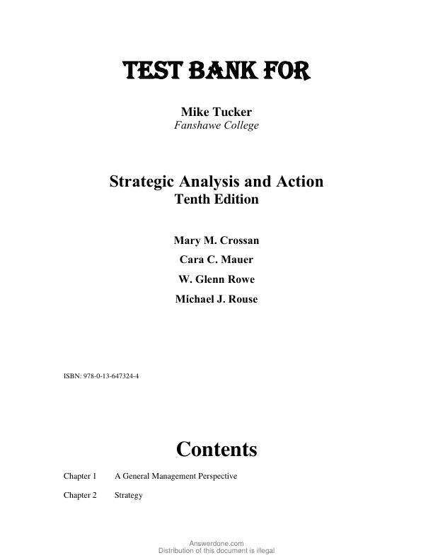 Test Bank For Strategic Analysis in Action, 10th Edition by Mary M. Crossan, Cara C. Maurer, W Glenn Rowe, Michael J. Rouse Chapter 1-11