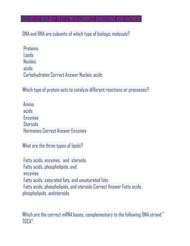 HESI A2 V2 BIOLOGY TEST 2 WITH CORRECT QUESTIONS AND ANSWERS