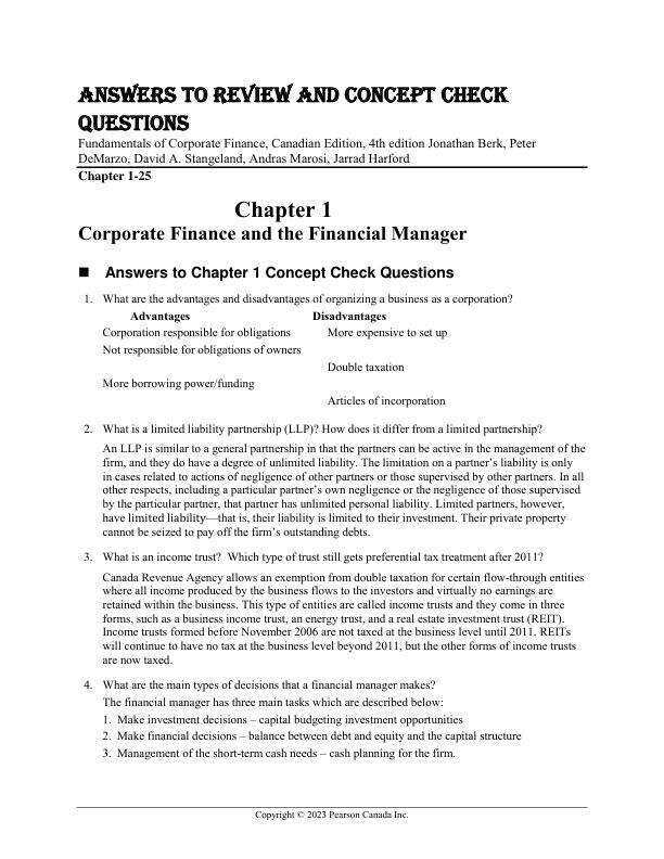 Answers to Review and Concept Check Questions  Fundamentals of Corporate Finance, Canadian Edition, 4th Edition by Jonathan Berk, Peter DeMarzo, David A. Stangeland, Andras Marosi, Jarrad.