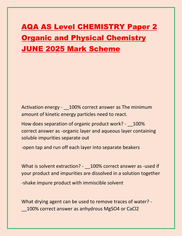 AQA AS Level CHEMISTRY Paper 2 Organic and Physical Chemistry JUNE 2025 Mark