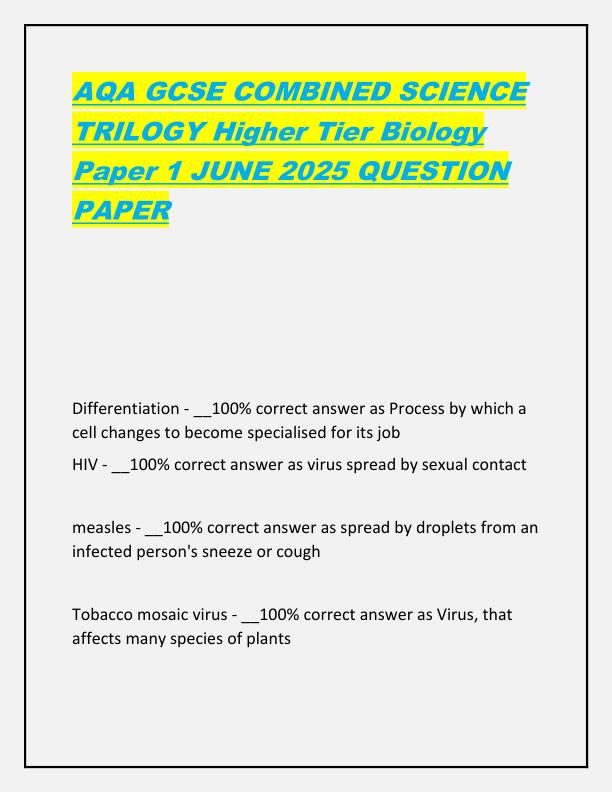 AQA GCSE COMBINED SCIENCE TRILOGY Higher Tier Biology Paper 1 JUNE 2025 QUESTION PAPER