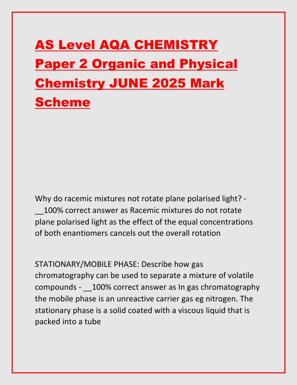 AS Level AQA CHEMISTRY Paper 2 Organic and Physical Chemistry JUNE 2025 Mark Scheme