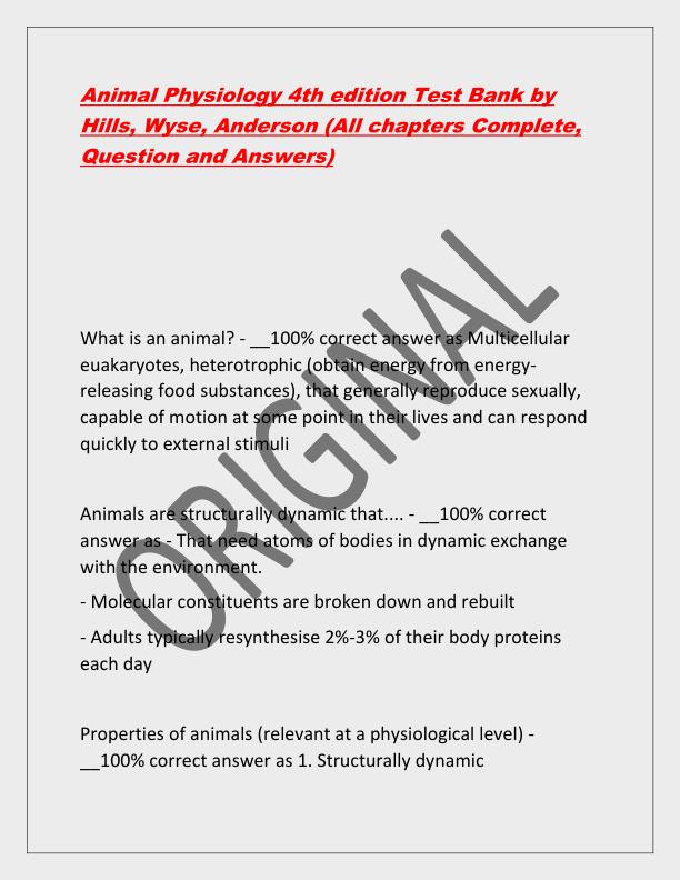 Animal Physiology 4th edition Test Bank by Hills