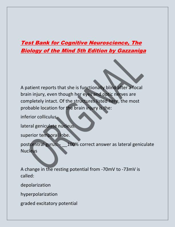 Test Bank for Cognitive Neuroscience