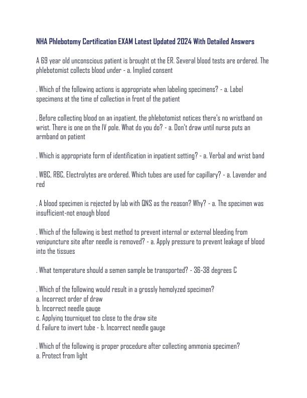 mobile-preview-NHA Phlebotomy Certification EXAM Latest Updated 2024 With Detailed Answers
