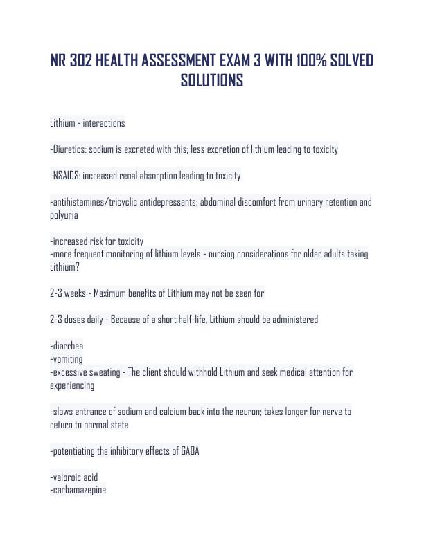 NR 302 HEALTH ASSESSMENT EXAM 3 WITH 100% SOLVED SOLUTIONS