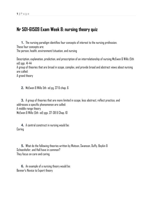 Nr 501- 61509 Exam Week 8 nursing theory quiz