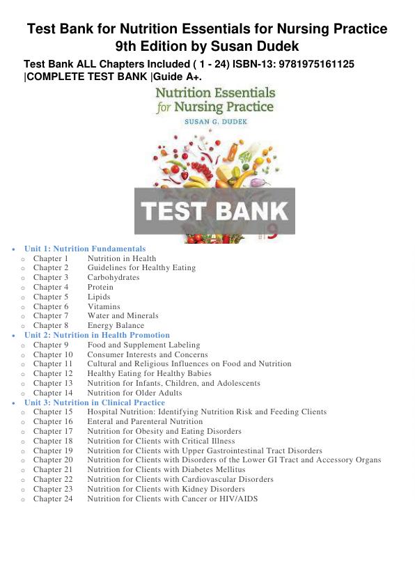 Test Bank for Nutrition Essentials for Nursing Practice 9th Edition by Susan Dudek