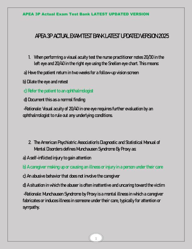 APEA 3P Actual Exam Test Bank LATEST UPDATED VERSION 2025