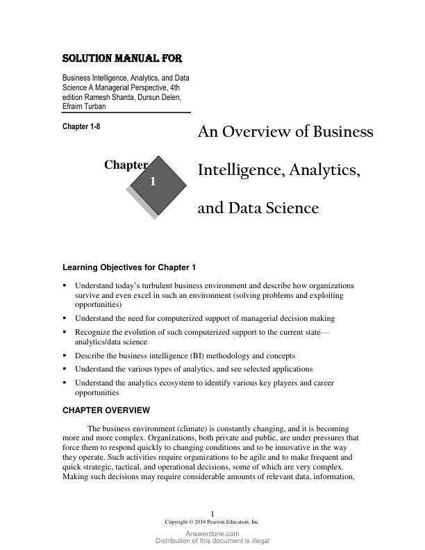 Solution Manual For Business Intelligence, Analytics, and Data Science A Managerial Perspective, 4th Edition by Ramesh Sharda, Dursun Delen, Efraim Turban Chapter 1-8