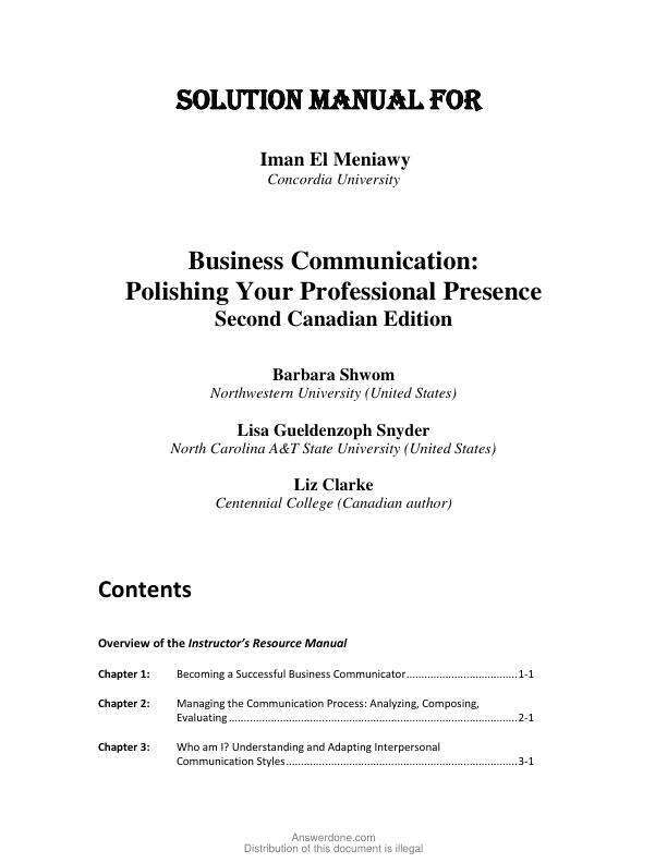 Solution Manual For Business Communication Polishing Your Professional Presence, Canadian Edition, 2nd Edition by Barbara G. Shwom, Lisa Gueldenzoph Snyder, Liz Clarke Chapter 1-12