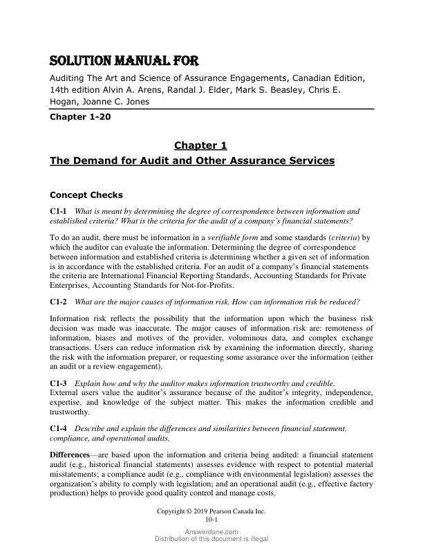 Solution Manual For Auditing The Art and Science of Assurance Engagements, Canadian Edition,14th Edition by Alvin A. Arens, Randal J. Elder,Mark S. Beasley,Chris E. Hogan, Joanne C. Jones Chapter 1-20