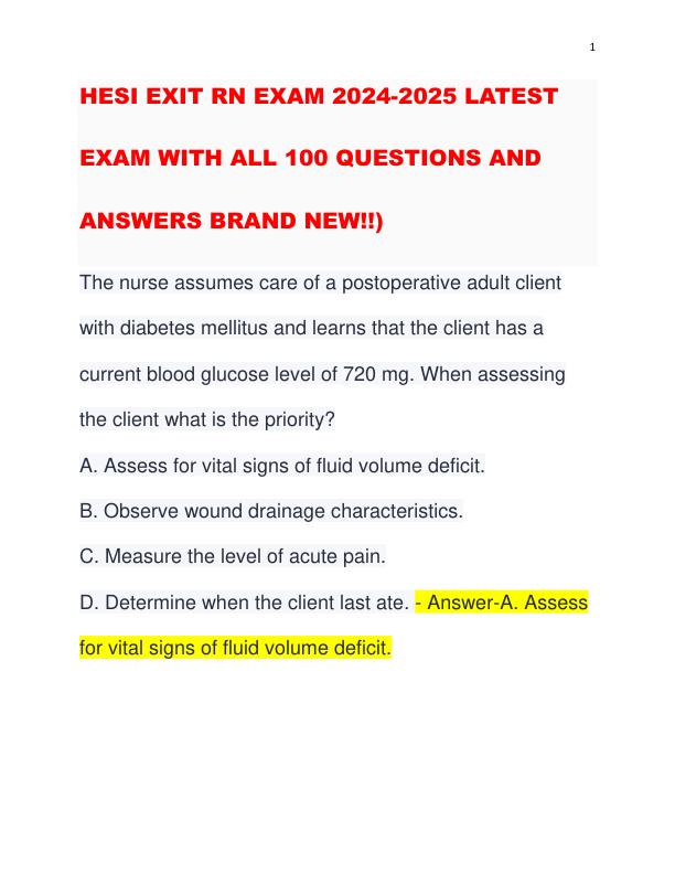 HESI EXIT RN EXAM 2024-2025 LATEST EXAM WITH ALL 100 QUESTIONS AND ANSWERS BRAND NEW!!)