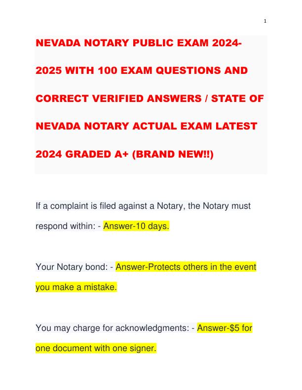 NEVADA NOTARY PUBLIC EXAM 2024-2025 WITH 100 EXAM QUESTIONS AND CORRECT VERIFIED ANSWERS STATE OF NEVADA NOTARY ACTUAL EXAM LATEST 2024 GRADED A+ (BRAND NEW!!)