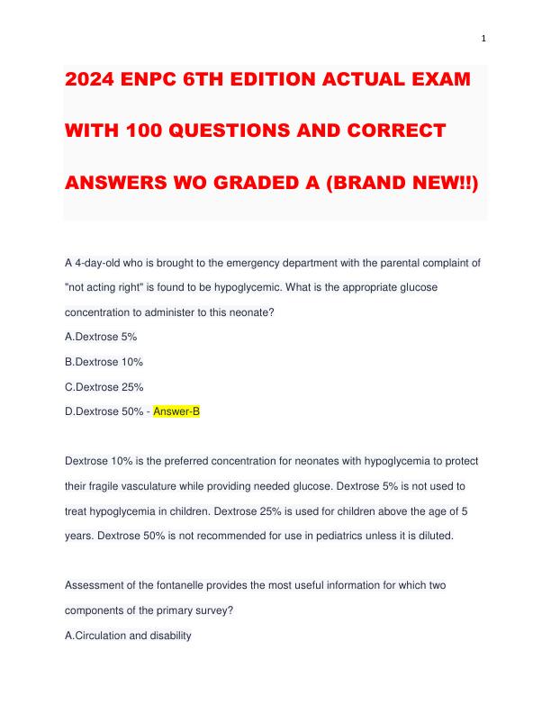 2024 ENPC 6TH EDITION ACTUAL EXAM WITH 100 QUESTIONS AND CORRECT ANSWERS WO GRADED A (BRAND NEW!!)