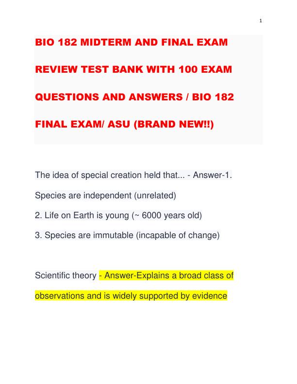 BIO 182 MIDTERM AND FINAL EXAM REVIEW TEST BANK WITH 100 EXAM QUESTIONS AND ANSWERS BIO 182 FINAL EXAM ASU (BRAND NEW!!)