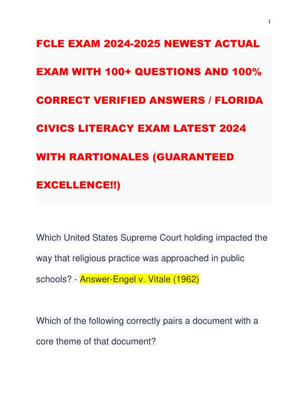 FCLE EXAM 2024-2025 NEWEST ACTUAL EXAM WITH 100+ QUESTIONS AND 100% CORRECT VERIFIED ANSWERS  FLORIDA CIVICS LITERACY EXAM LATEST 2024 WITH RARTIONALES (GUARANTEED EXCELLENCE!!)