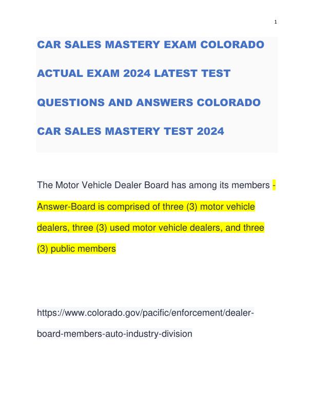 CAR SALES MASTERY EXAM COLORADO ACTUAL EXAM 2024 LATEST TEST QUESTIONS AND ANSWERS COLORADO CAR SALES MASTERY TEST 2024
