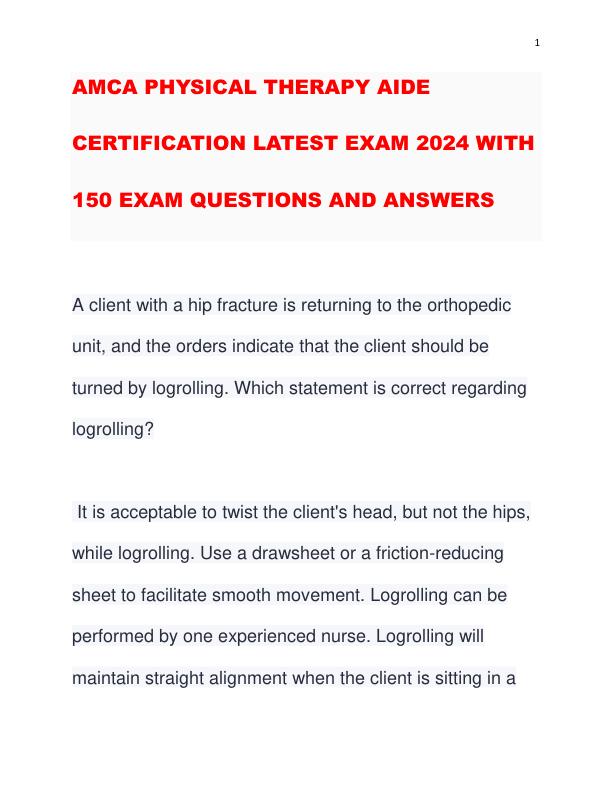 AMCA PHYSICAL THERAPY AIDE CERTIFICATION LATEST EXAM 2024 WITH 150 EXAM QUESTIONS AND CORRECT VERIFIED ANSWERS ALREADY GRADED A (NEWEST!!)
