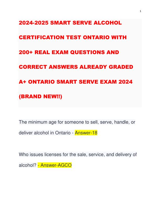 2024 SMART SERVE ALCOHOL CERTIFICATION TEST ONTARIO WITH 300+ REAL EXAM QUESTIONS AND CORRECT ANSWERS (GUARANTEED A) ONTARIO SMART SERVE EXAM 2024 (BRAND NEW!!)