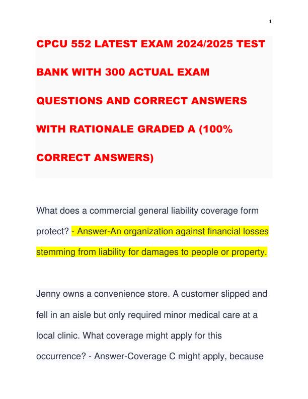 CPCU 552 LATEST EXAM 20242025 TEST BANK WITH 300 ACTUAL EXAM QUESTIONS AND CORRECT ANSWERS WITH RATIONALE GRADED A (100% CORRECT ANSWERS)