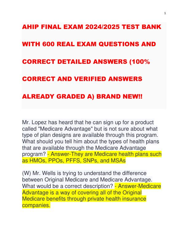 AHIP FINAL EXAM 2024 2025 TEST BANK WITH 600 REAL EXAM QUESTIONS AND CORRECT DETAILED ANSWERS (100% CORRECT AND VERIFIED ANSWERS ALREADY GRADED A) BRAND NEW!!