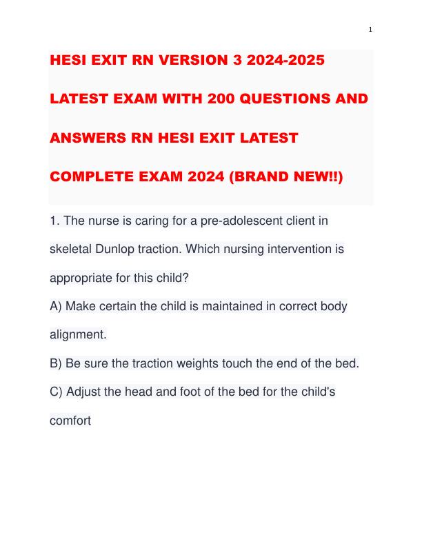 HESI EXIT RN VERSION 3 2024-2025 LATEST EXAM WITH 200 QUESTIONS AND ANSWERS RN HESI EXIT LATEST COMPLETE EXAM 2024 (BRAND NEW!!)