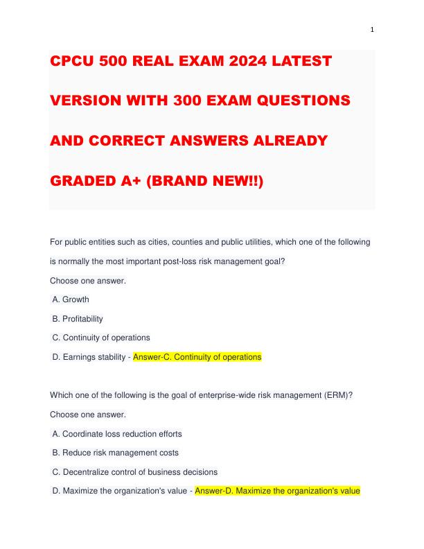 CPCU 500 REAL EXAM 2024 LATEST VERSION WITH 300 EXAM QUESTIONS AND CORRECT ANSWERS ALREADY GRADED A+ (BRAND NEW!!)