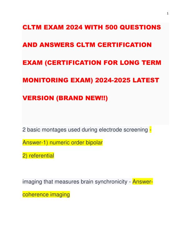 CLTM EXAM 2024 WITH 500 QUESTIONS AND ANSWERS CLTM CERTIFICATION EXAM (CERTIFICATION FOR LONG TERM MONITORING EXAM) 2024-2025 LATEST VERSION (BRAND NEW!!)